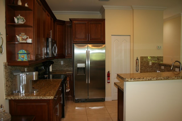 kitchen with appliances with stainless steel finishes, backsplash, light stone counters, ornamental molding, and kitchen peninsula