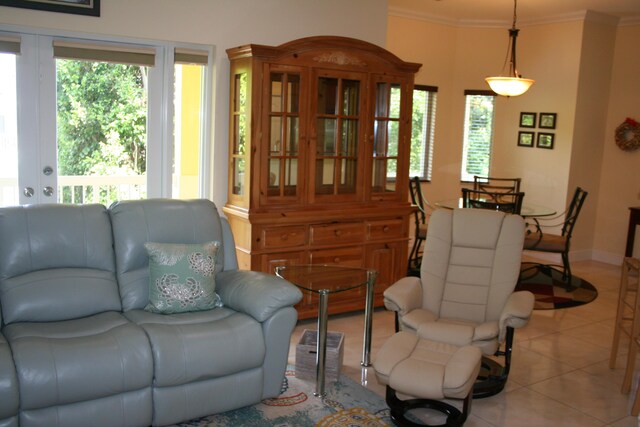 tiled living room with crown molding