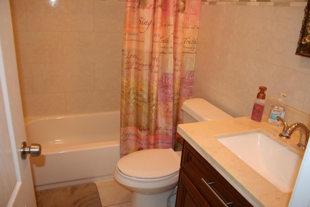 full bathroom featuring shower / bathtub combination with curtain, tile walls, tile patterned flooring, vanity, and toilet