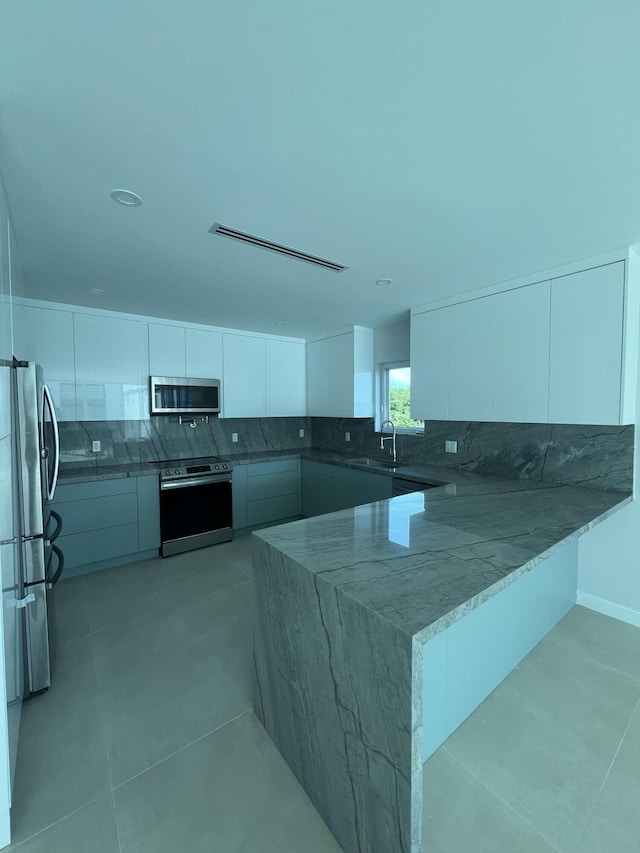 kitchen featuring appliances with stainless steel finishes, white cabinetry, sink, decorative backsplash, and kitchen peninsula