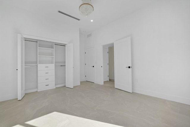 unfurnished bedroom with recessed lighting, visible vents, and an inviting chandelier