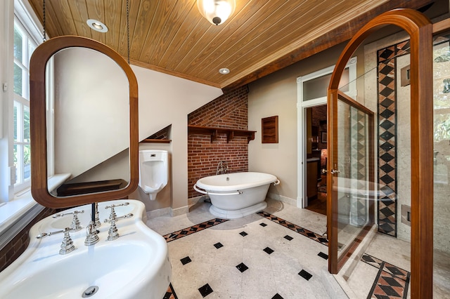 bathroom with sink, wood ceiling, and plus walk in shower