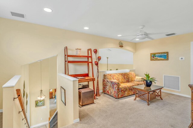 carpeted bedroom featuring baseboards, visible vents, and recessed lighting