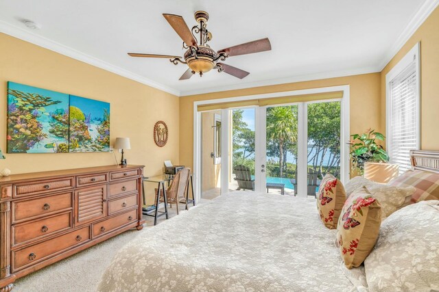 bedroom with light carpet, ceiling fan, access to outside, crown molding, and french doors