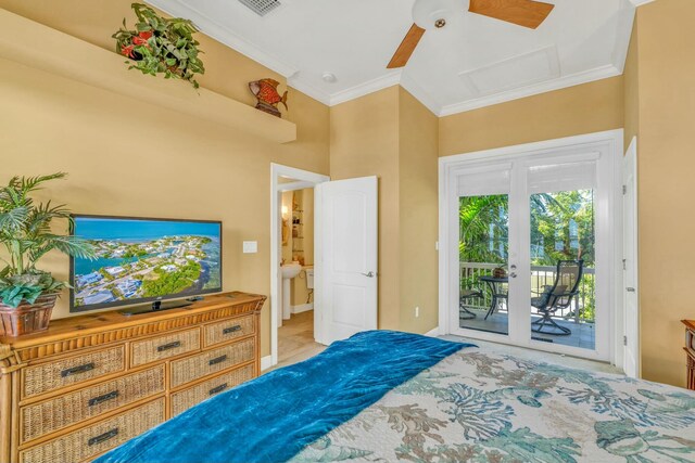 bedroom with attic access, baseboards, ceiling fan, access to outside, and crown molding