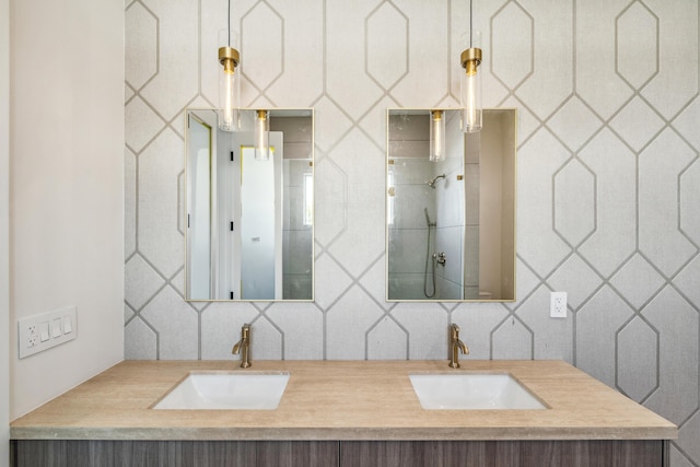 194 Buttonwood Ln, Islamorada, FL 33036 - full bathroom featuring double vanity, tasteful backsplash, and tile walls