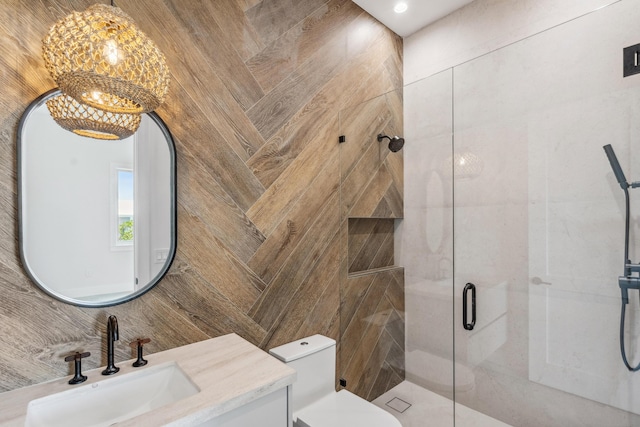 194 Buttonwood Ln, Islamorada, FL 33036 - bathroom featuring a stall shower, a chandelier, and vanity