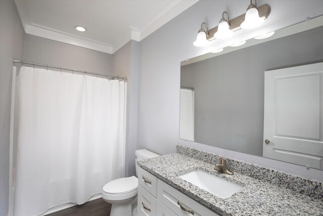 bathroom with vanity, toilet, and a shower with shower curtain