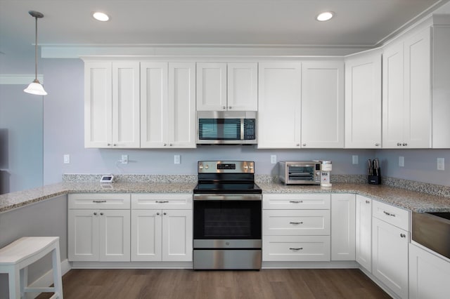 kitchen featuring decorative light fixtures, white cabinetry, light stone counters, stainless steel appliances, and dark wood-type flooring