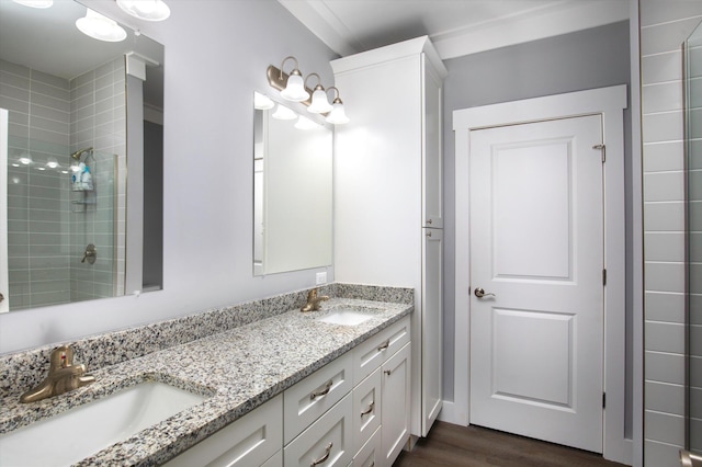 bathroom featuring walk in shower, vanity, and hardwood / wood-style flooring