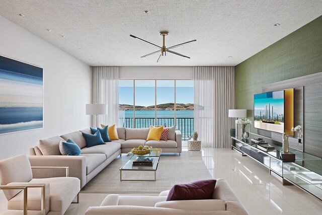 tiled living room with a chandelier and a textured ceiling