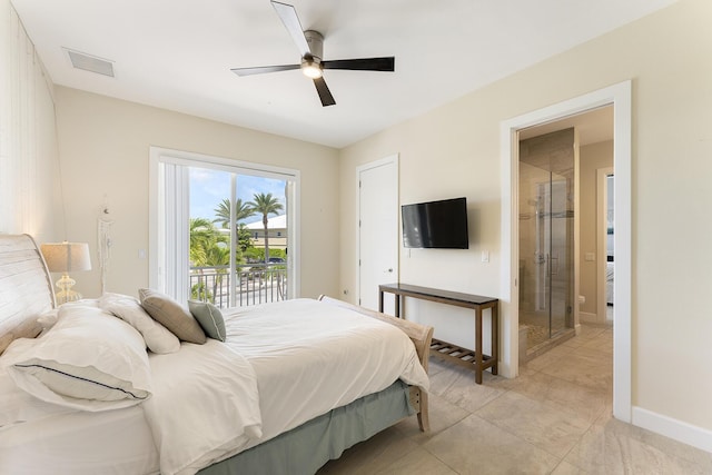 bedroom with access to exterior, visible vents, baseboards, and ceiling fan