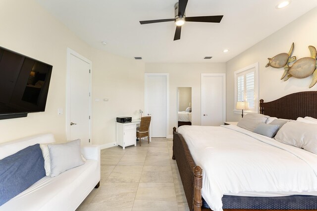 bedroom with recessed lighting, a ceiling fan, and visible vents