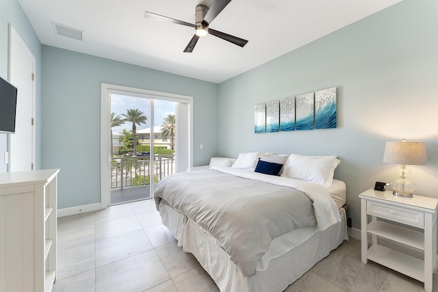 bedroom featuring access to exterior, visible vents, ceiling fan, baseboards, and light tile patterned floors