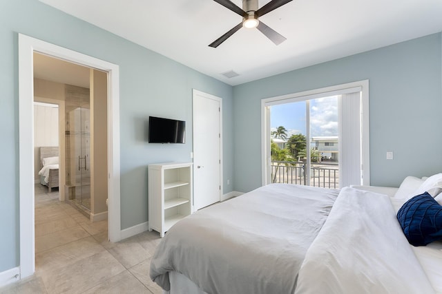 bedroom with ceiling fan, visible vents, baseboards, and access to exterior