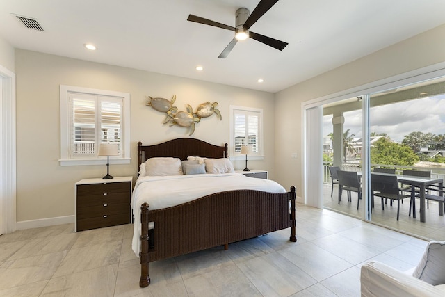 bedroom with visible vents, recessed lighting, ceiling fan, and access to outside