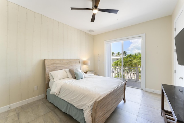 bedroom featuring visible vents, ceiling fan, baseboards, light tile patterned floors, and access to outside