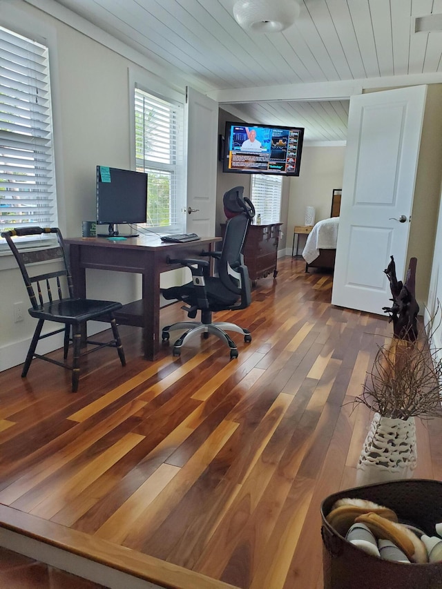 office area featuring beamed ceiling, dark hardwood / wood-style floors, and wood ceiling