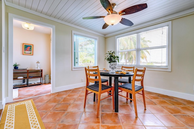 dining room with light tile patterned flooring, a healthy amount of sunlight, wood ceiling, and crown molding