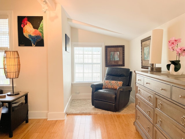 living area with lofted ceiling and light hardwood / wood-style flooring