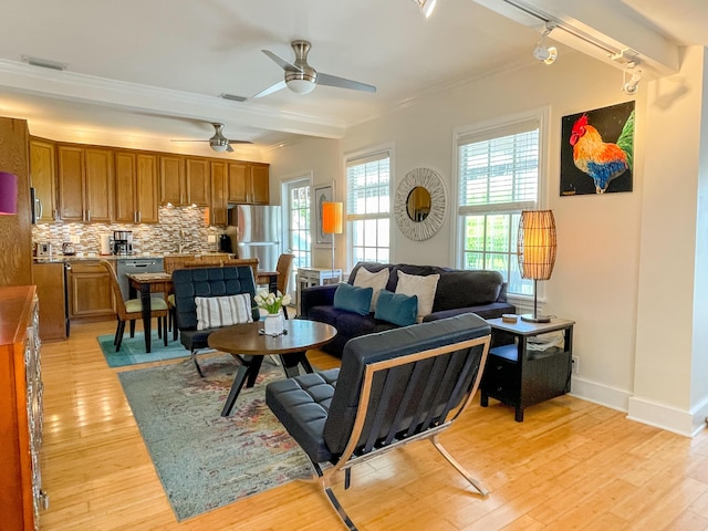 living room with crown molding, rail lighting, ceiling fan, and light wood-type flooring