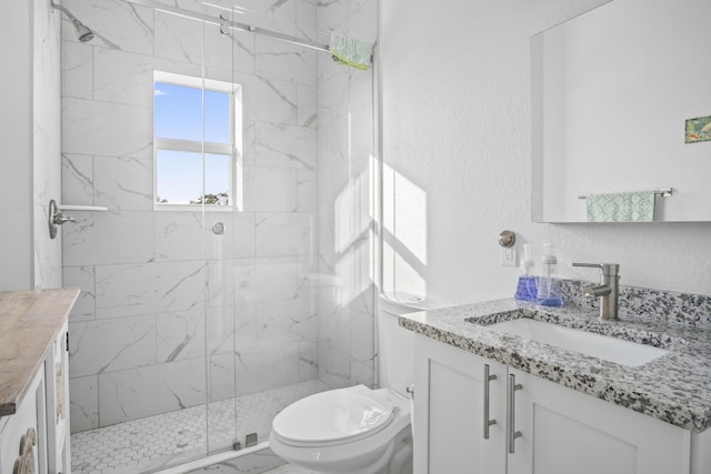 bathroom with vanity, an enclosed shower, and toilet