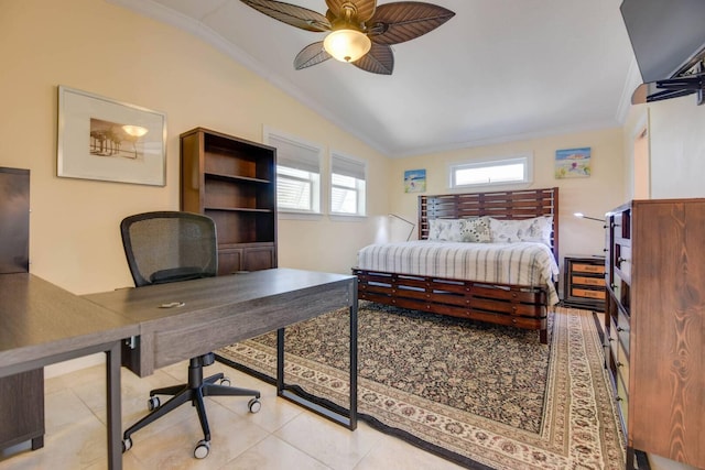 bedroom with crown molding, lofted ceiling, and light tile patterned floors