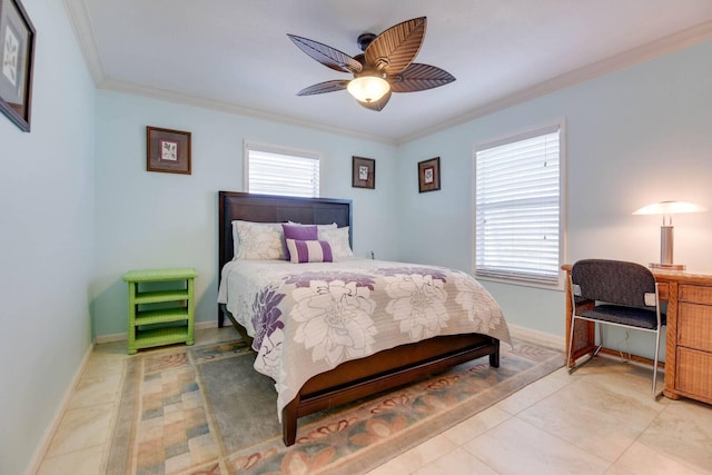 bedroom featuring multiple windows, crown molding, and ceiling fan