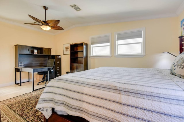 bedroom featuring crown molding, vaulted ceiling, light tile patterned flooring, and ceiling fan