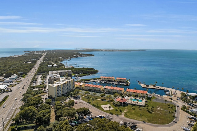 bird's eye view with a water view