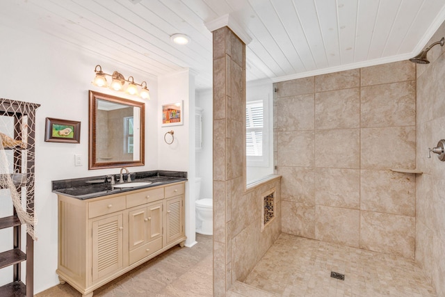 22841 Buccaneer Ln, Cudjoe, FL 33042 - full bathroom featuring crown molding, vanity, a tile shower, and wooden ceiling
