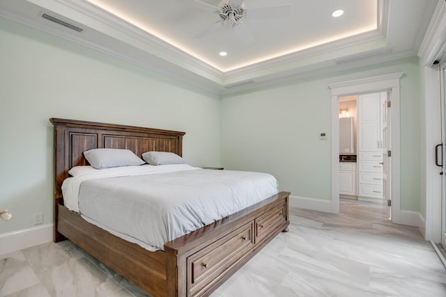 bedroom with crown molding, ceiling fan, and a raised ceiling