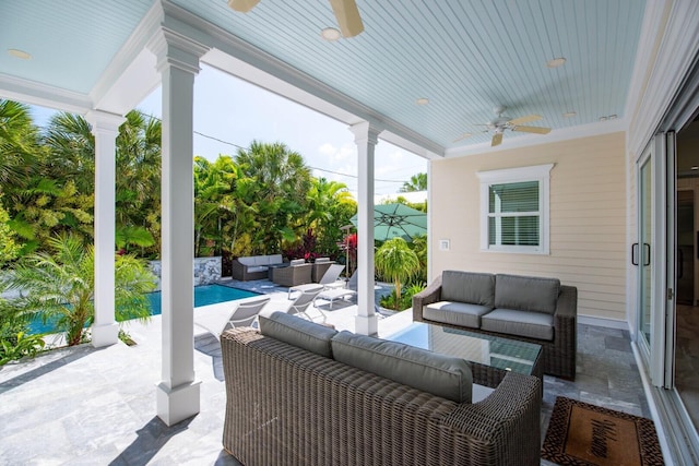 view of patio with an outdoor hangout area and ceiling fan