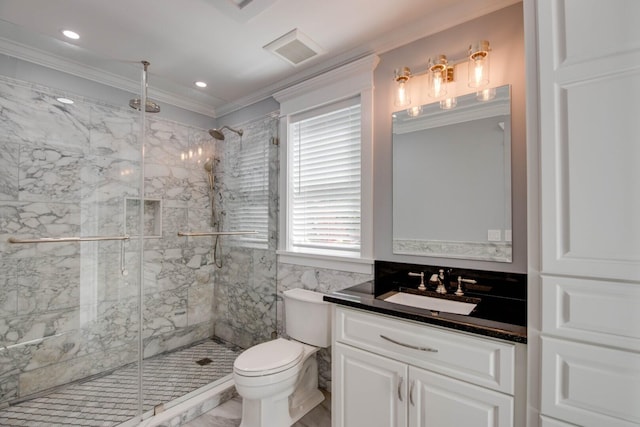 bathroom featuring crown molding, vanity, toilet, and walk in shower