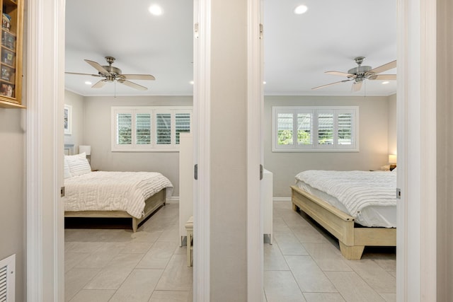 240 S Coconut Palm Blvd, Tavernier, FL 33070 - bedroom with recessed lighting, light tile patterned flooring, crown molding, and a ceiling fan