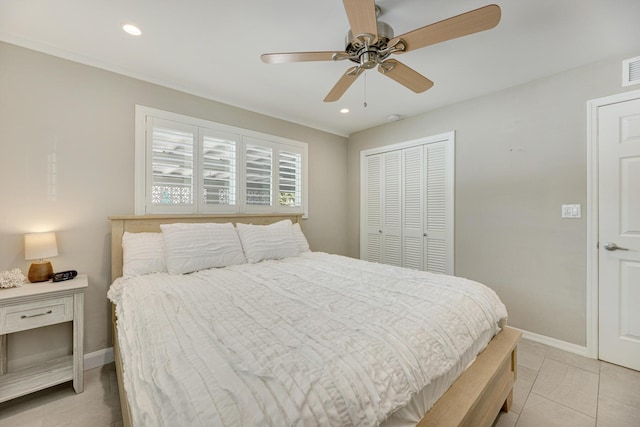 240 S Coconut Palm Blvd, Tavernier, FL 33070 - bedroom with a closet, recessed lighting, ceiling fan, and light tile patterned flooring