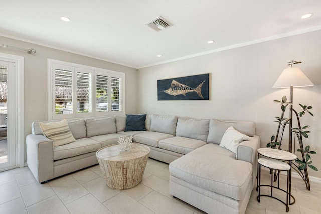 240 S Coconut Palm Blvd, Tavernier, FL 33070 - living room with crown molding, recessed lighting, and light tile patterned flooring