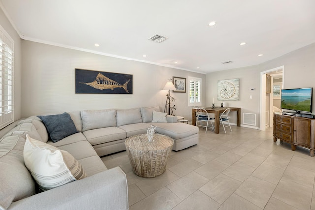 240 S Coconut Palm Blvd, Tavernier, FL 33070 - living room featuring recessed lighting, crown molding, and light tile patterned floors