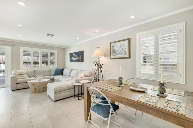 240 S Coconut Palm Blvd, Tavernier, FL 33070 - living room featuring crown molding, light tile patterned flooring, healthy amount of natural light, and recessed lighting