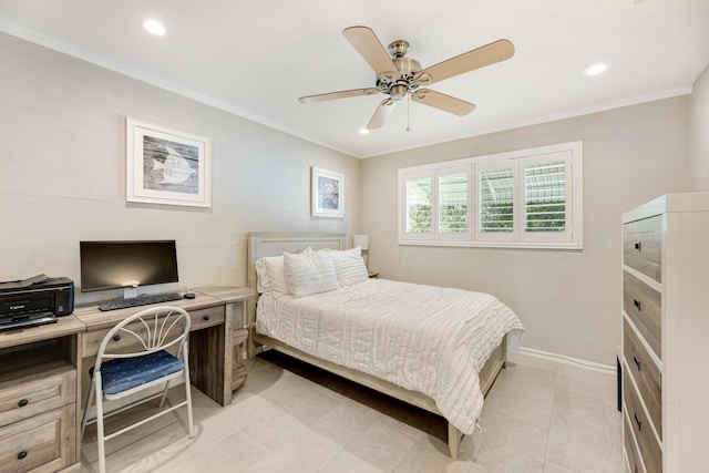 240 S Coconut Palm Blvd, Tavernier, FL 33070 - bedroom with crown molding, recessed lighting, ceiling fan, and a desk