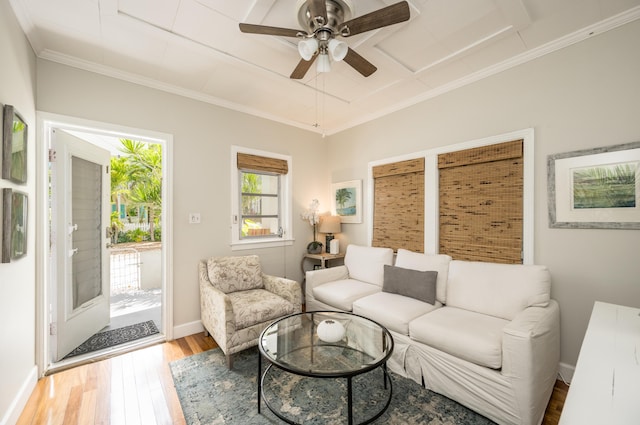 718 Chapman Ln, Key West, FL 33040 - living area featuring hardwood / wood-style flooring, a ceiling fan, and ornamental molding