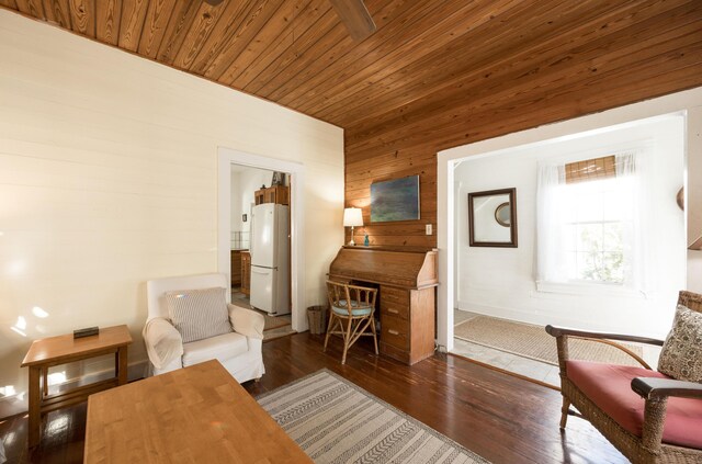 sitting room with dark wood-type flooring, wooden ceiling, and wood walls