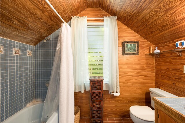 bathroom with shower / tub combo with curtain, toilet, vaulted ceiling, and wooden ceiling