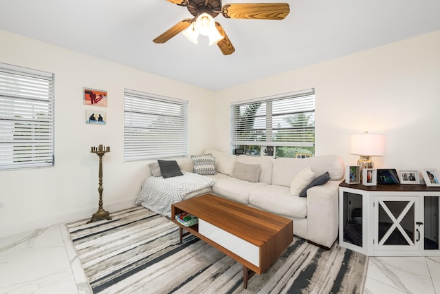 living room with ceiling fan