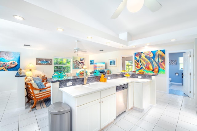 kitchen with dishwasher, ceiling fan, a sink, and recessed lighting