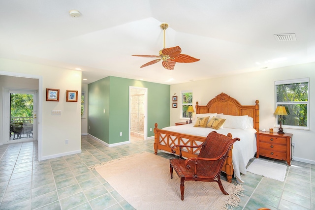 bedroom with visible vents, baseboards, ceiling fan, and light tile patterned floors
