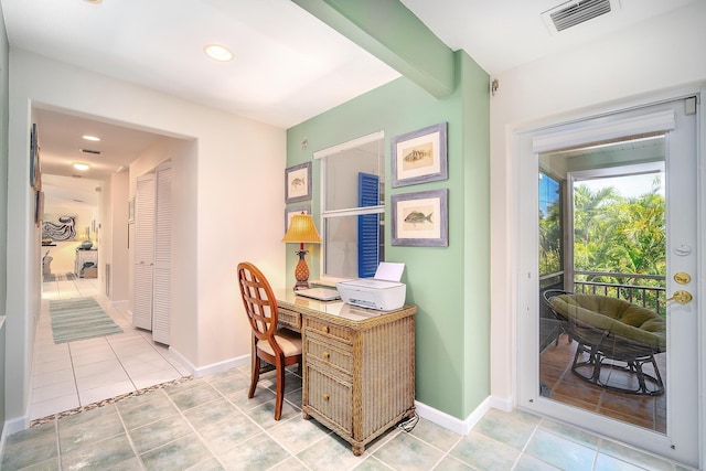 office area featuring baseboards, tile patterned flooring, visible vents, and recessed lighting