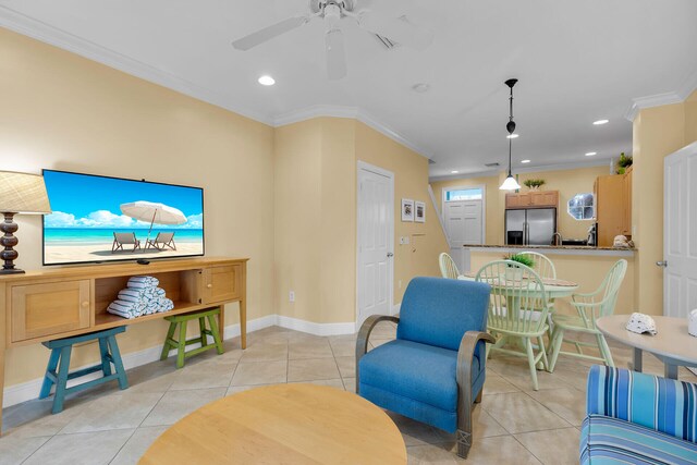 2600 Overseas Hwy Unit 25, Marathon, FL 33050 - living room with light tile patterned floors, ornamental molding, ceiling fan, recessed lighting, and baseboards