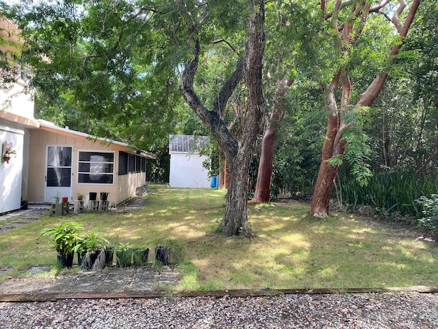 view of yard featuring a storage unit