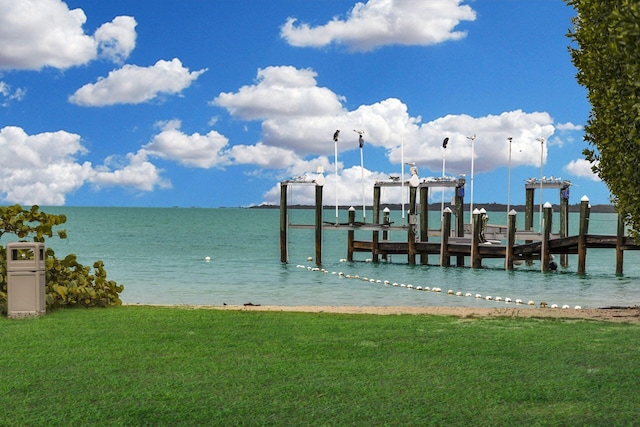 dock area with a water view and a yard